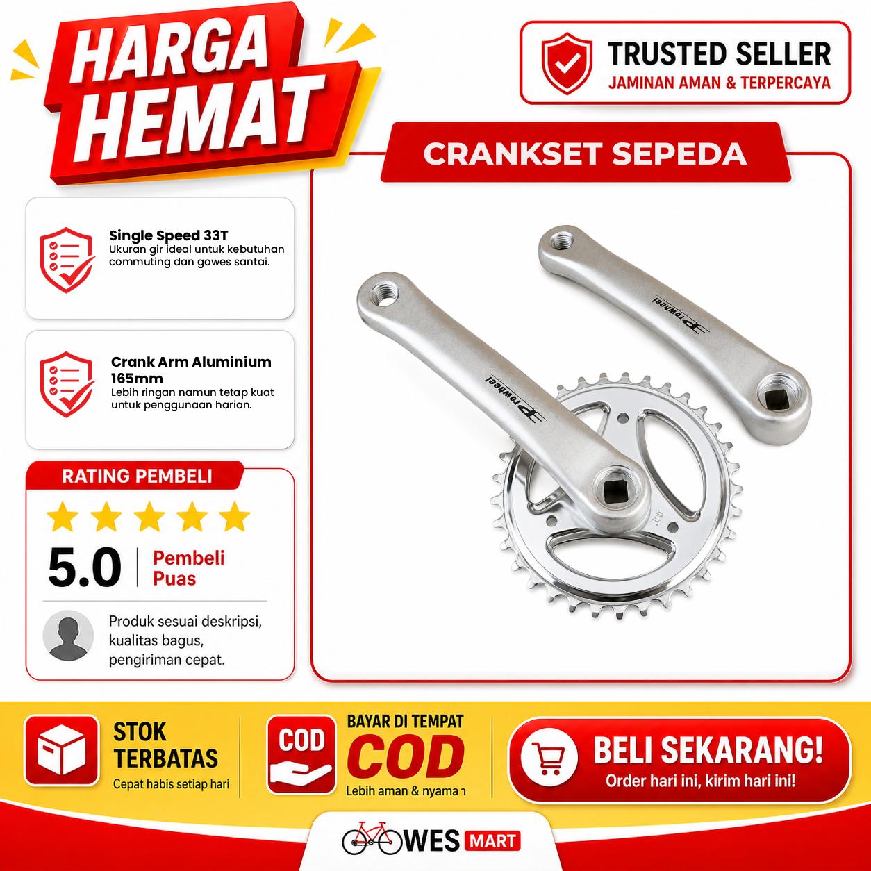 Crankset sepeda single speed 33T arm aluminium 165mm